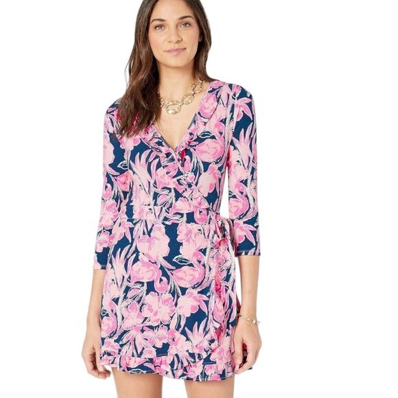 Lilly Pulitzer Jessalynne Romper, Wrap, V-Neck, Floral Flamingo, Stretch, Size M - Picture 2 of 9